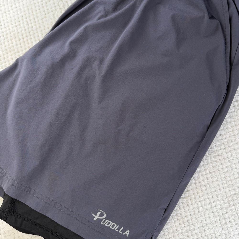Pudolla Mens 2-in-1 Running Shorts Gray Compression Liner Gym Athletic Size L